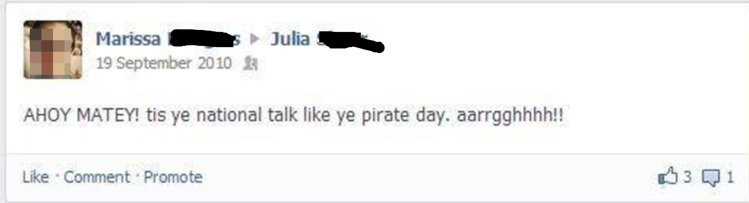 Marissa Hudgins and Julia Sheer on Facebook post from September 19, 2010, celebrating National Talk Like a Pirate Day with a pirate-themed message