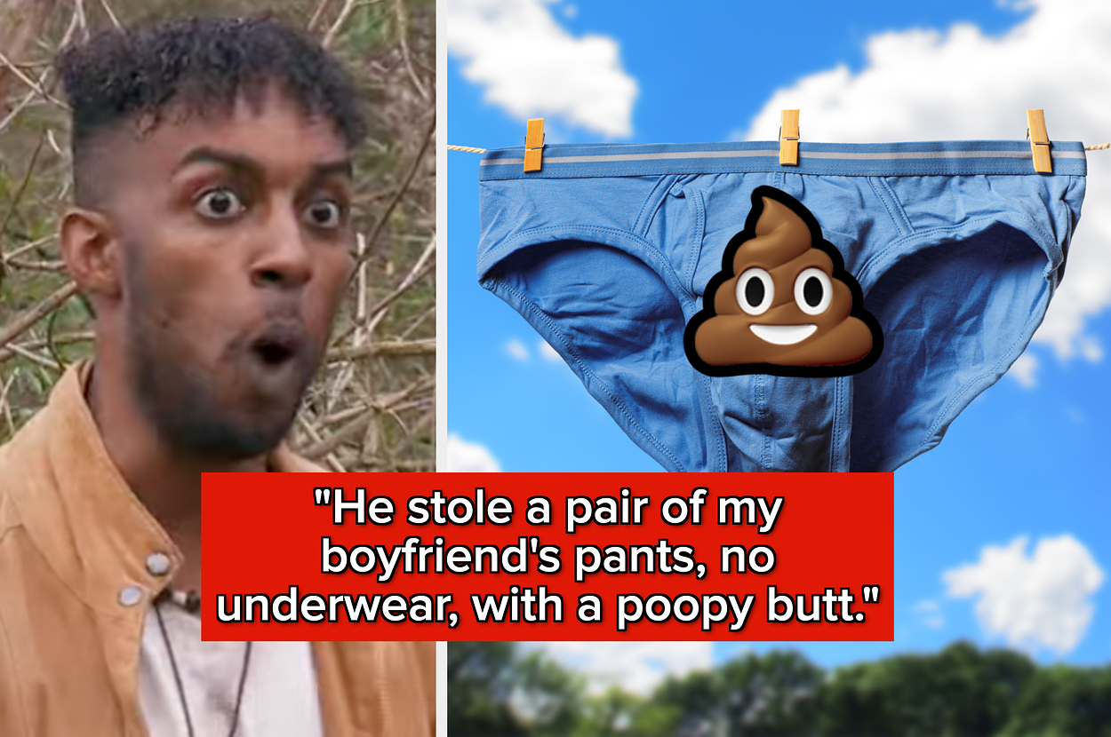 Man looks shocked or surprised next to an image of blue pants with a poop emoji. Text reads: "He stole a pair of my boyfriend’s pants, no underwear, with a poopy butt."