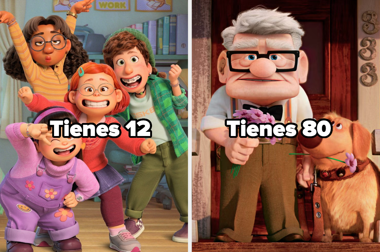Personajes de la película animada "Red" a la izquierda y personajes de "Up" a la derecha con el texto "Tienes 12" y "Tienes 80", respectivamente