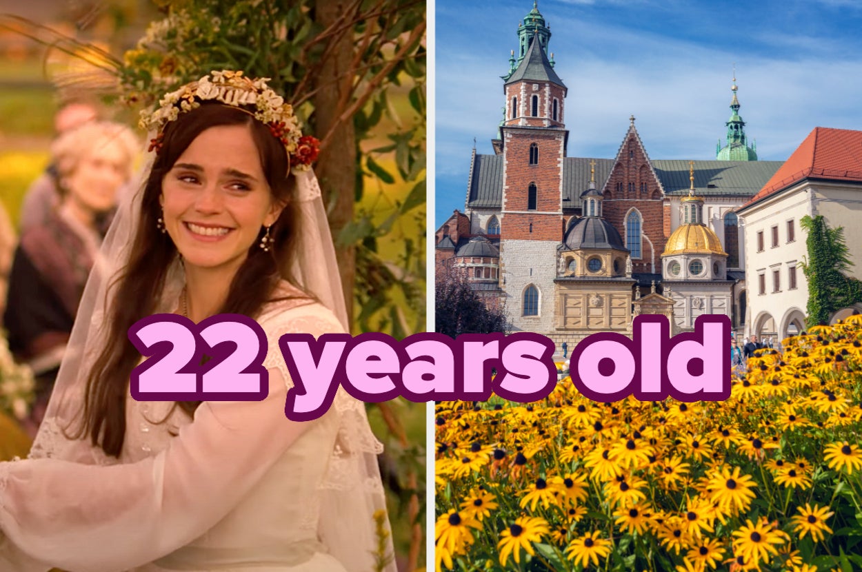 Emma Watson smiling in a wedding dress with "22 years old" text over an image of a historic building and a flower garden