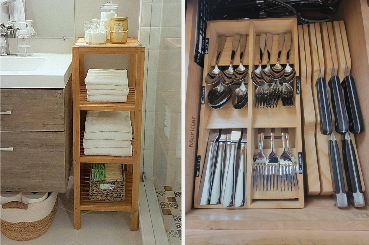 reviewer's four-tier bamboo shelf next to bathroom sink holding towels and other items / reviewer's bamboo drawer organizer holding silverwarae