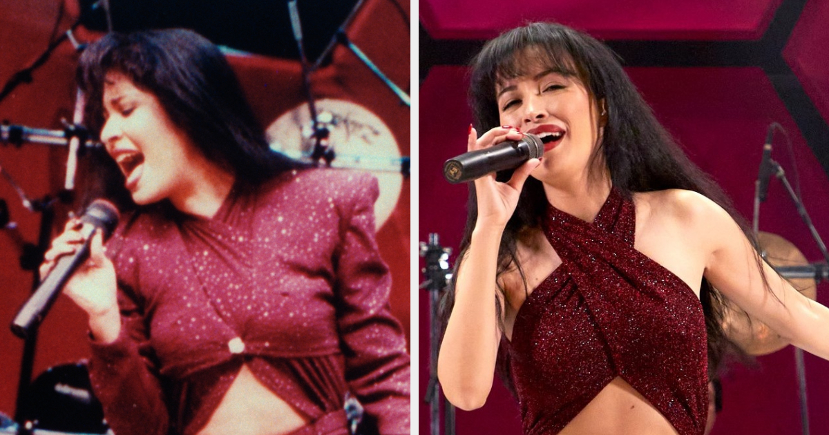 Selena Quintanilla performs in a sparkly outfit on the left, while Christian Serratos portrays her in a similar red, sparkly top on the right in the series &quot;Selena: The Series.&quot;
