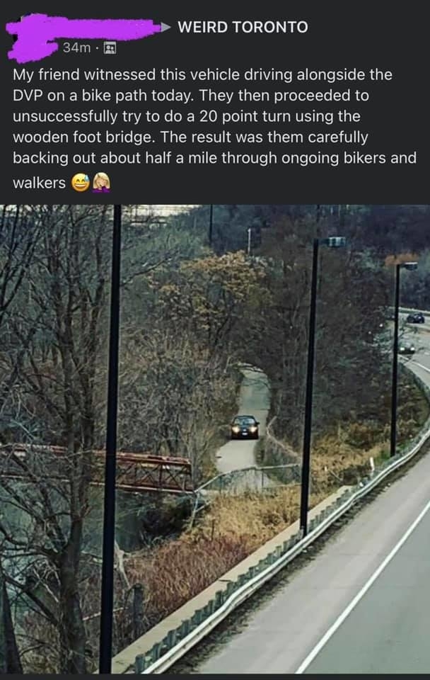 A car drives on a narrow bike path next to a road. The text above describes a failed attempt to turn on the path and a lengthy reversal maneuver through bikers and walkers