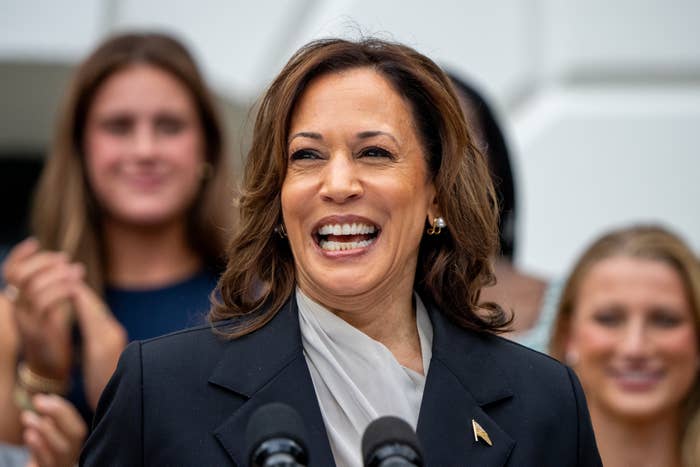 Kamala Harris smiling and speaking at an event, with people clapping in the background. She is wearing a dark blazer and a light-colored scarf