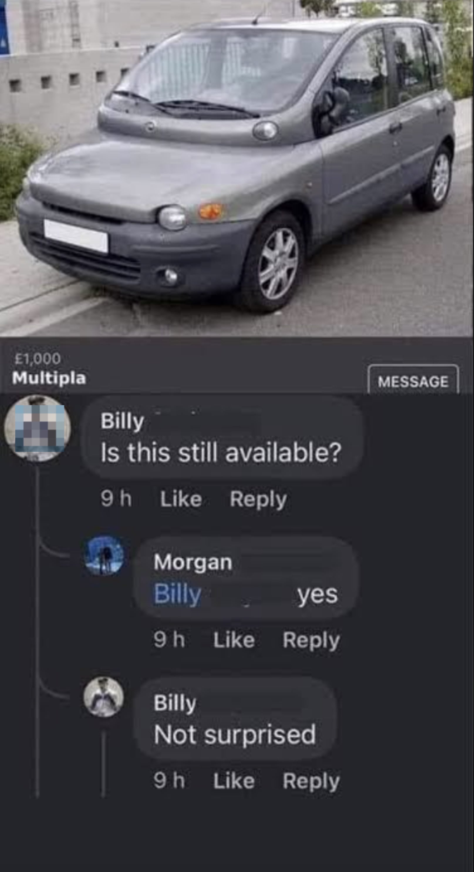 A small, unusual car is pictured with a conversation below it. Billy asks if the car is available, Morgan confirms, and Billy responds with "Not surprised."