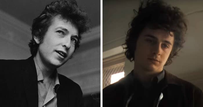 Split image featuring black-and-white photo of Bob Dylan on the left and a scene from the movie &quot;I'm Not There,&quot; with actor playing Dylan on the right