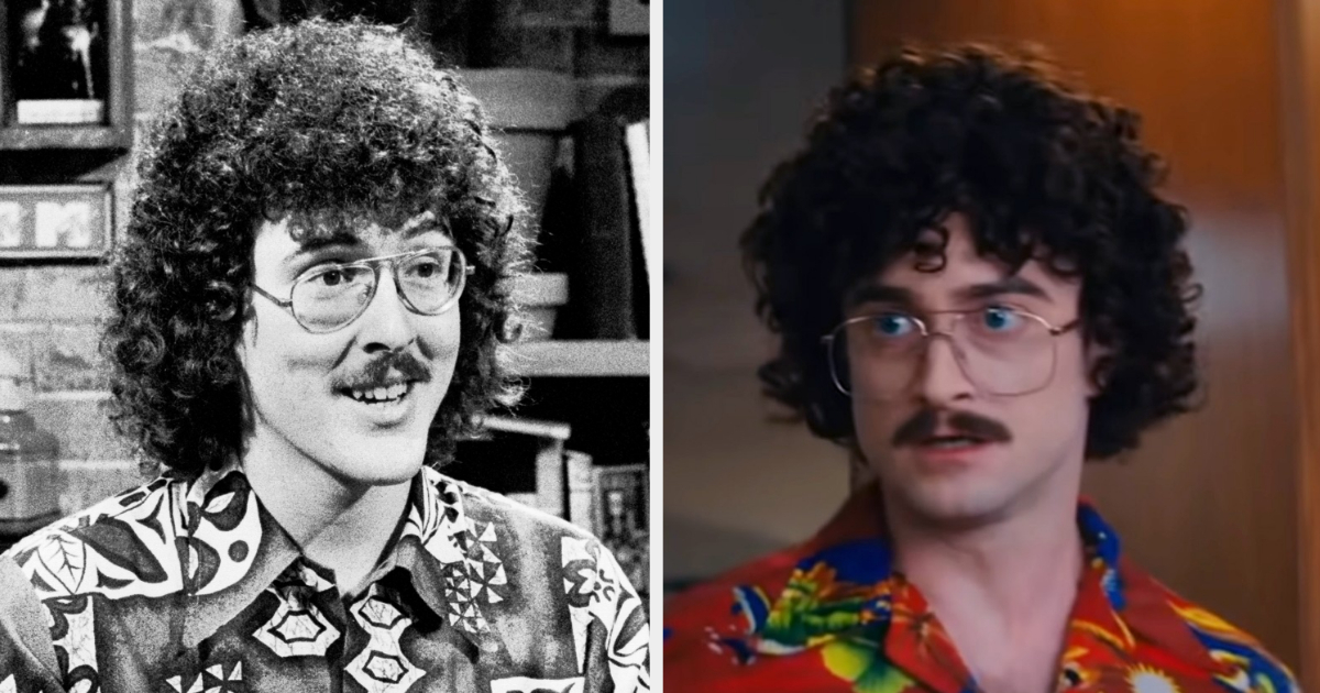 Side-by-side images of &quot;Weird Al&quot; Yankovic and Daniel Radcliffe in patterned shirts and glasses with curly hair and mustache