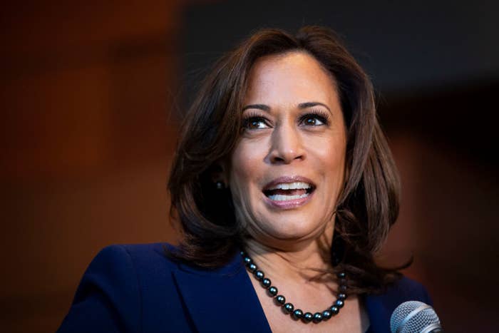 Kamala Harris speaking into a microphone, wearing a statement necklace and professional attire