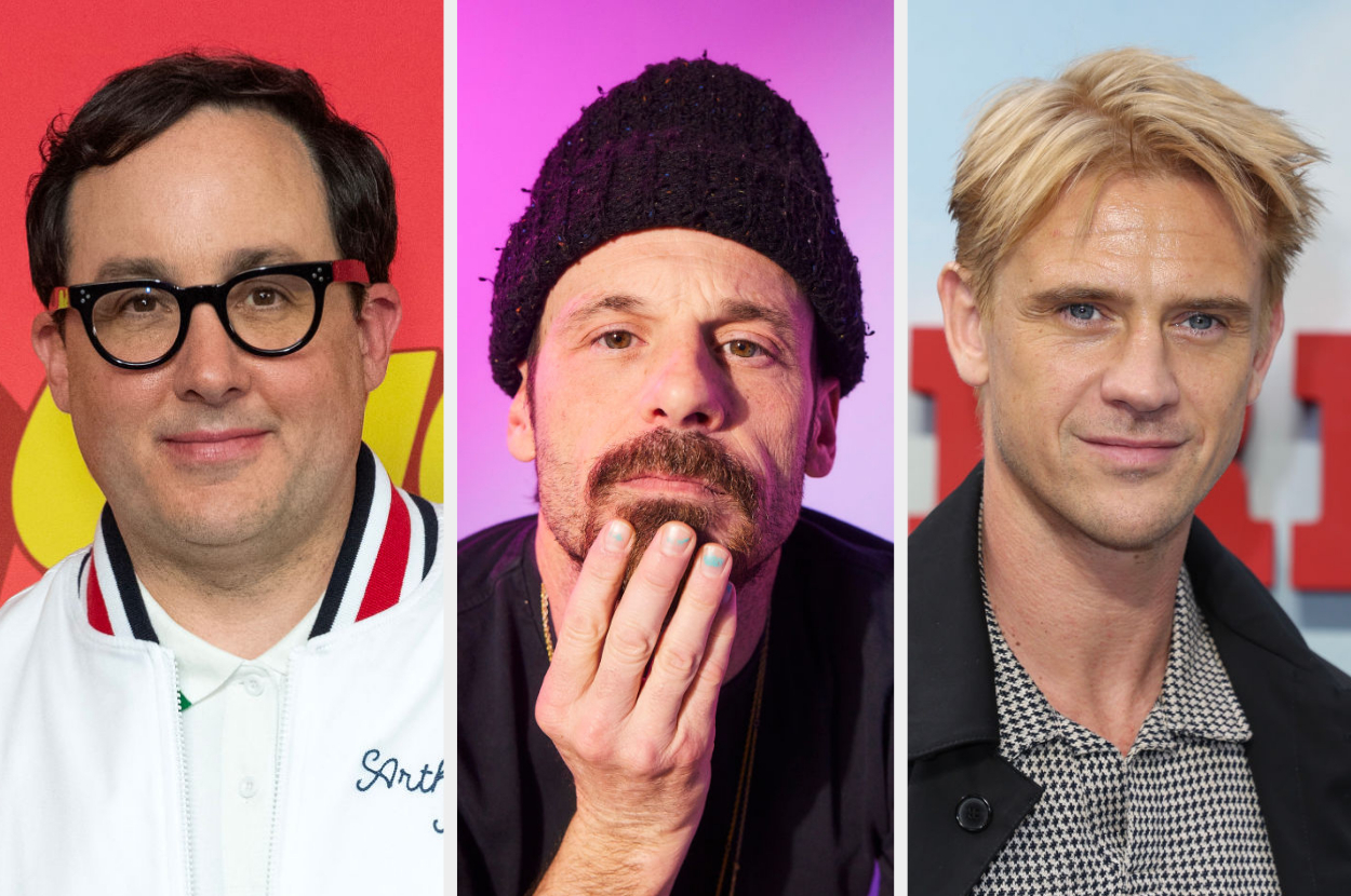 Paul Scheer, Scott Caan, and Boyd Holbrook are shown in separate panels. Paul wears glasses and a jacket, Scott has a beanie and touches his chin, Boyd wears a collared shirt