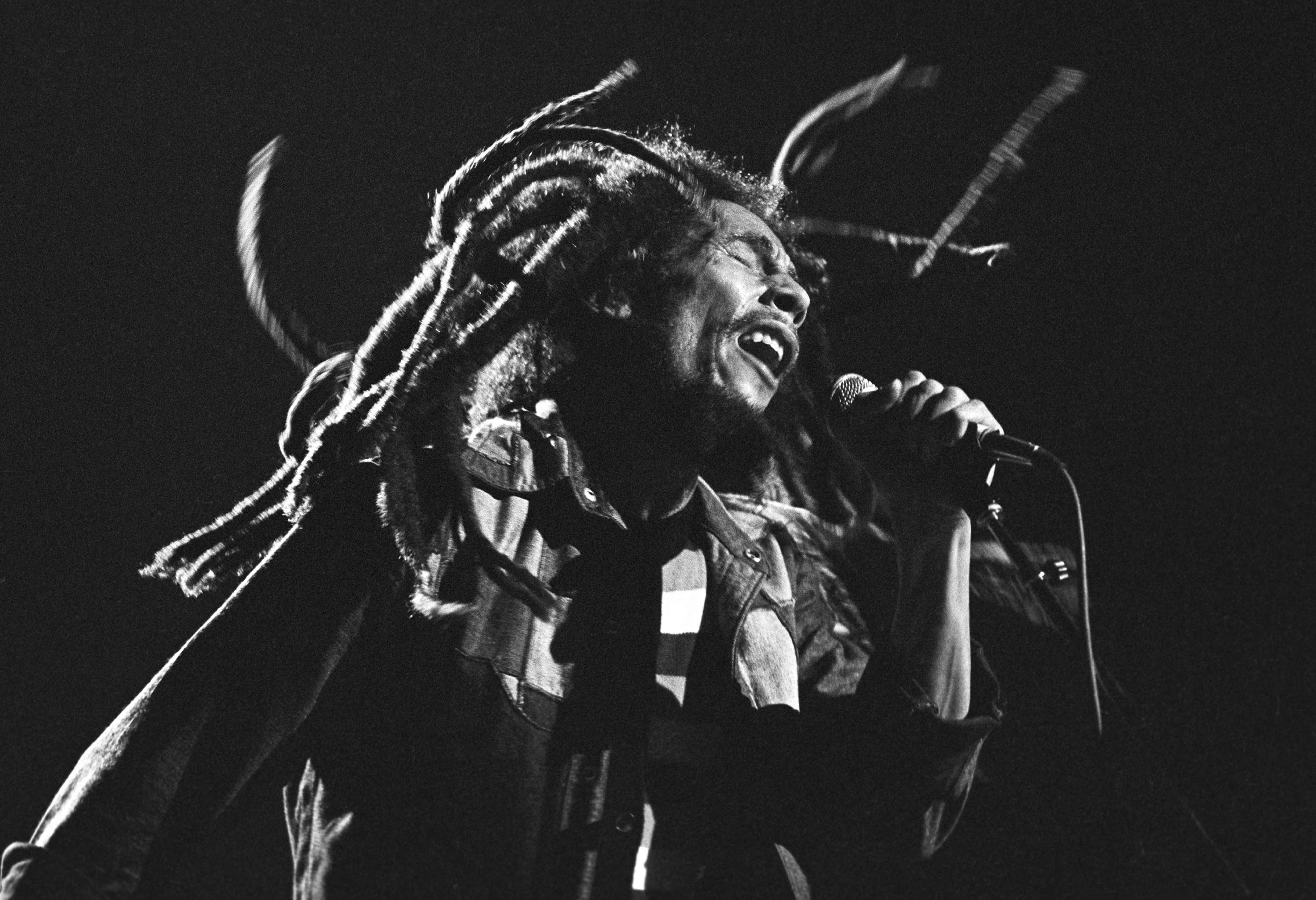 Bob Marley passionately singing into a microphone on stage, wearing a jacket, with his dreadlocks flowing dynamically