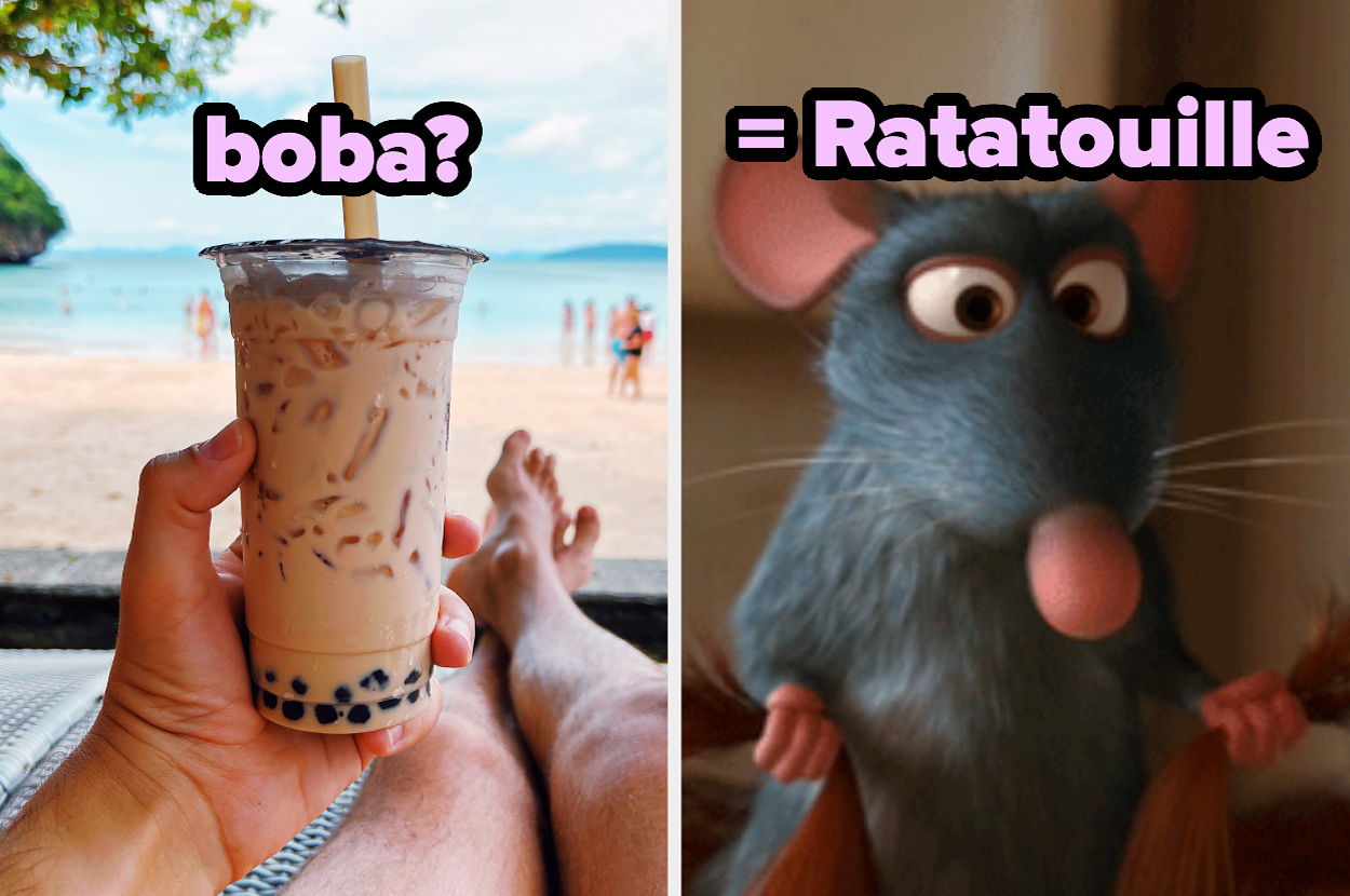 A hand holds a boba tea on a beach alongside an image of Remy from Ratatouille with text "boba? = Ratatouille" in pink letters