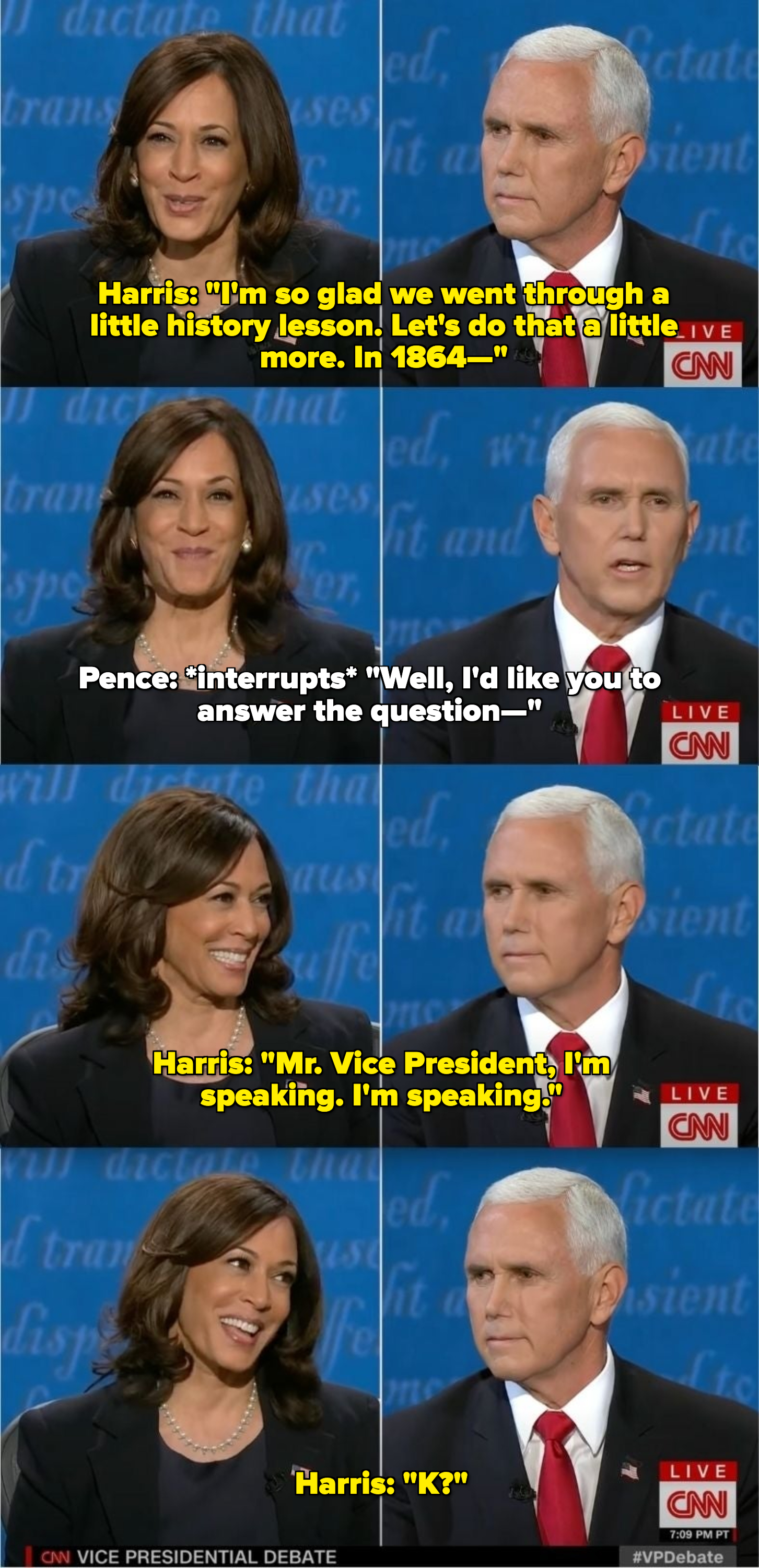 Kamala Harris and Mike Pence during the 2020 Vice Presidential Debate on CNN, shown in various expressions while speaking and listening to each other
