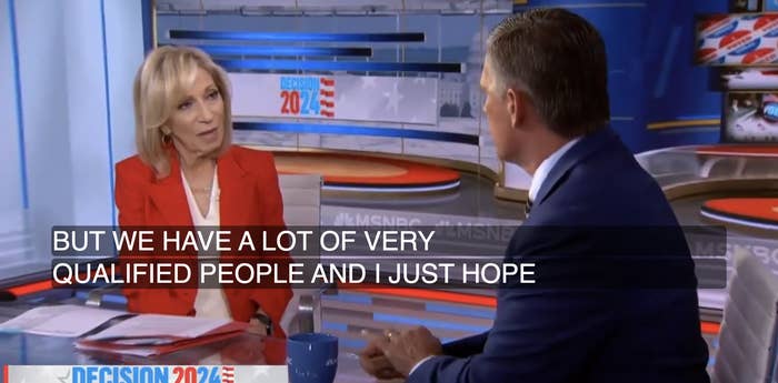 Andrea Mitchell and a man in a suit are discussing Decision 2024 in a news studio. Captions read: &quot;BUT WE HAVE A LOT OF VERY QUALIFIED PEOPLE AND I JUST HOPE&quot;