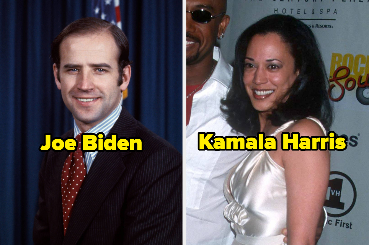 Joe Biden in a suit and tie next to Kamala Harris in a sleeveless dress at an event