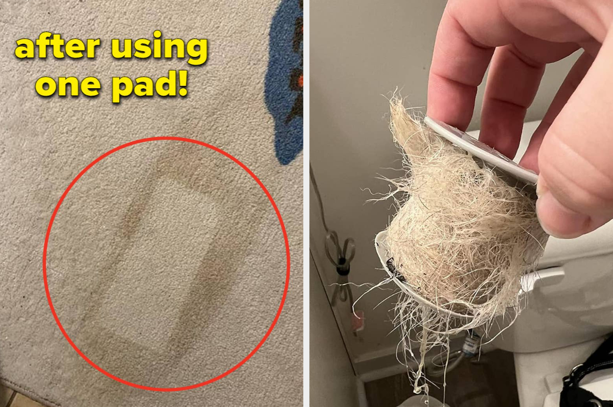 An image split into two: the left side shows a dirty carpet with the caption "after using one pad!" over a cleaner spot circled in red. The right side shows a hand holding a clogged vacuum filter full of hair