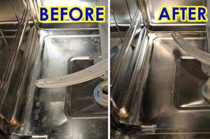 Side-by-side comparison of a dishwasher's interior, showing the left side labeled "BEFORE" with water stains and the right side labeled "AFTER" looking clean and shiny