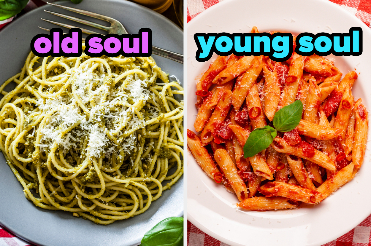On the left, some pesto pasta labeled old soul, and on the right, some penne with marinara labeled young soul