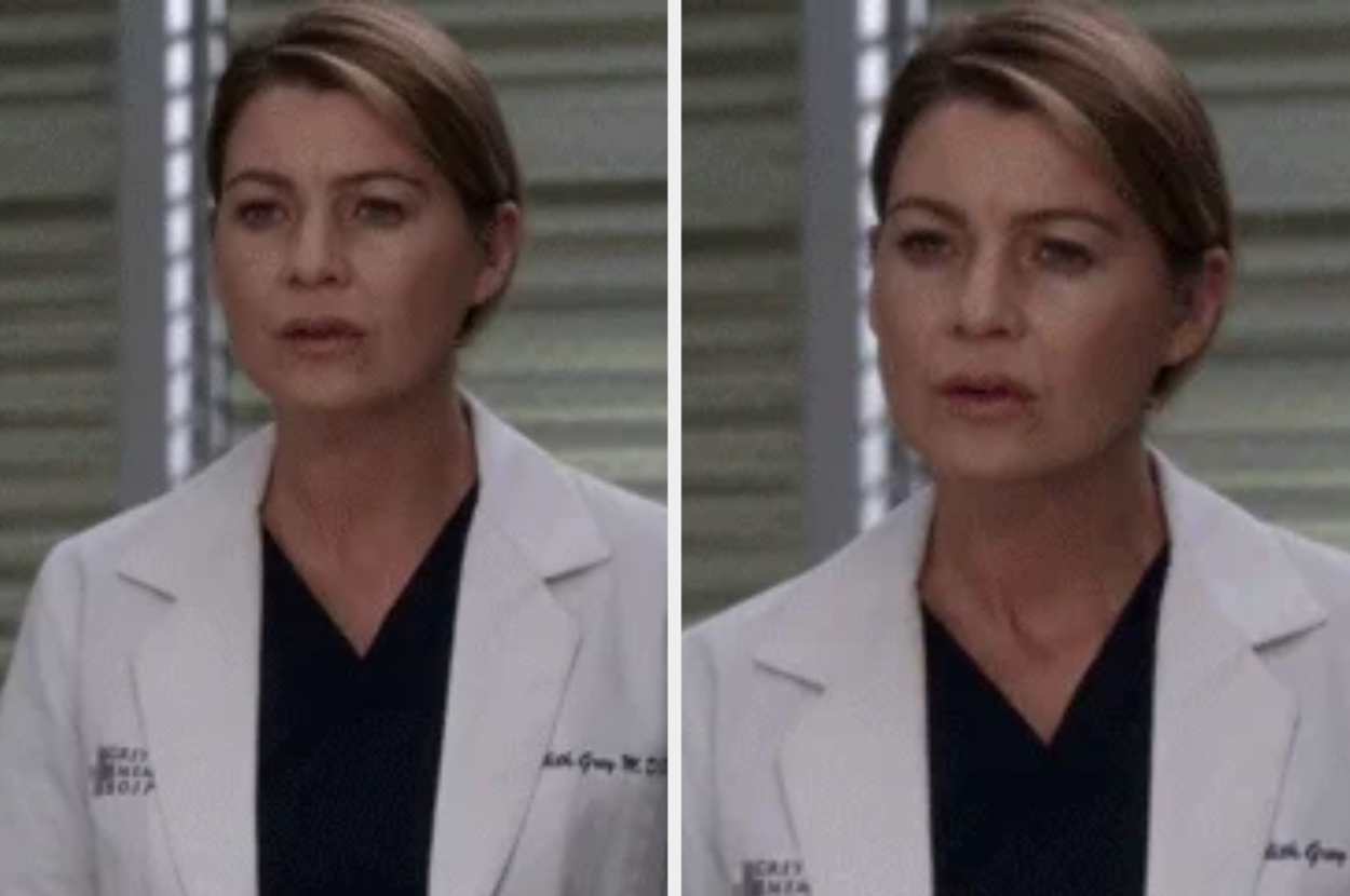 Ellen Pompeo, wearing a lab coat over a dark scrub top, appears in two side-by-side images. She has a serious expression and her hair is neatly tied back