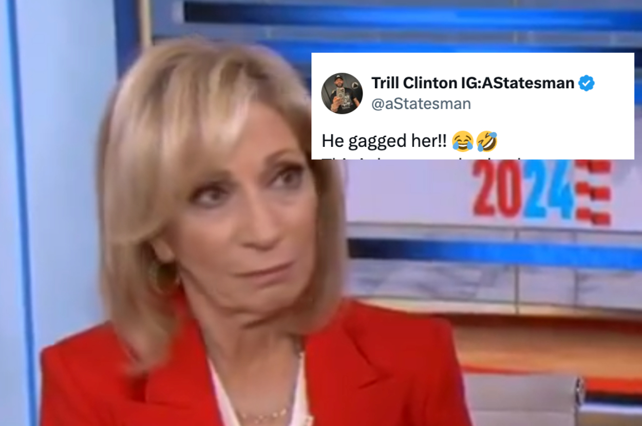 Andrea Mitchell reacts during a news segment, with a tweet from @aStatesman saying "He gagged her!! ??" shown in the foreground