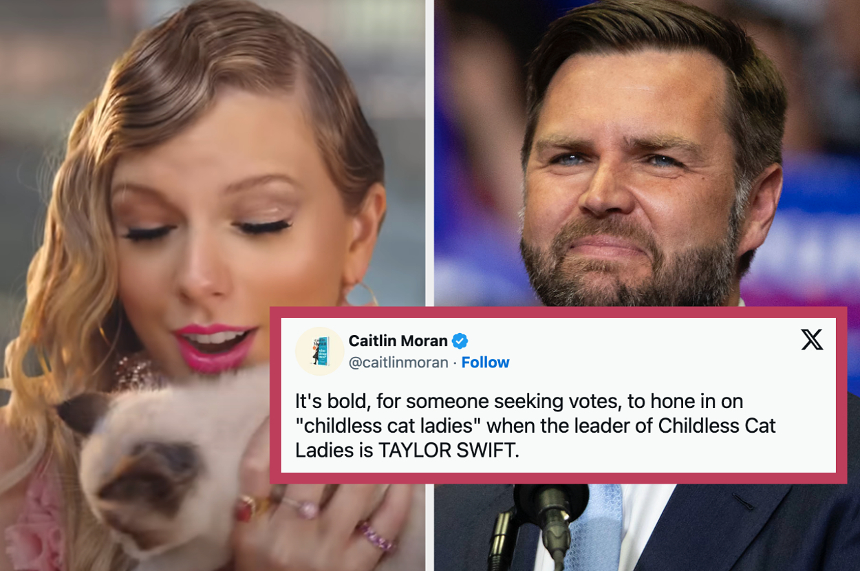 Taylor Swift holding a cat, with J.D. Vance on the right. The tweet in the center reads: "It's bold, for someone seeking votes, to hone in on 'childless cat ladies' when the leader of Childless Cat Ladies is TAYLOR SWIFT."