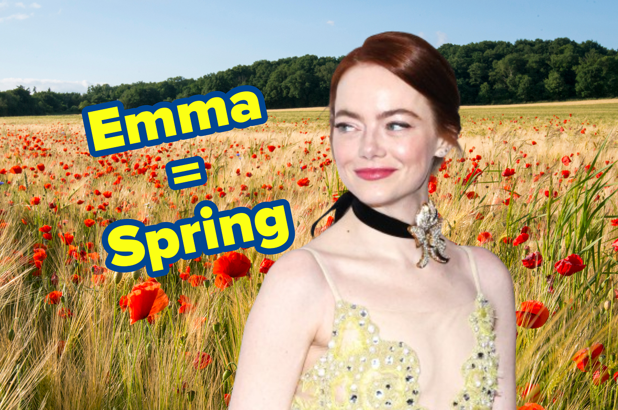 Emma Stone in a sleeveless, embellished dress with a choker, stands in a field of flowers. Text reads: "Emma = Spring"