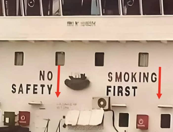 A ship with "No Safety Smoking First" written on its side, showing safety equipment. The name "Angela Knadie" is visible below