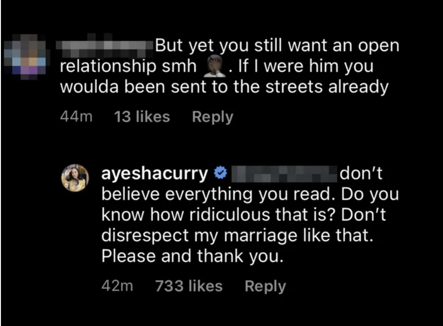 Ayesha Curry responds to a comment questioning her marriage, advising not to believe everything read and asking for respect