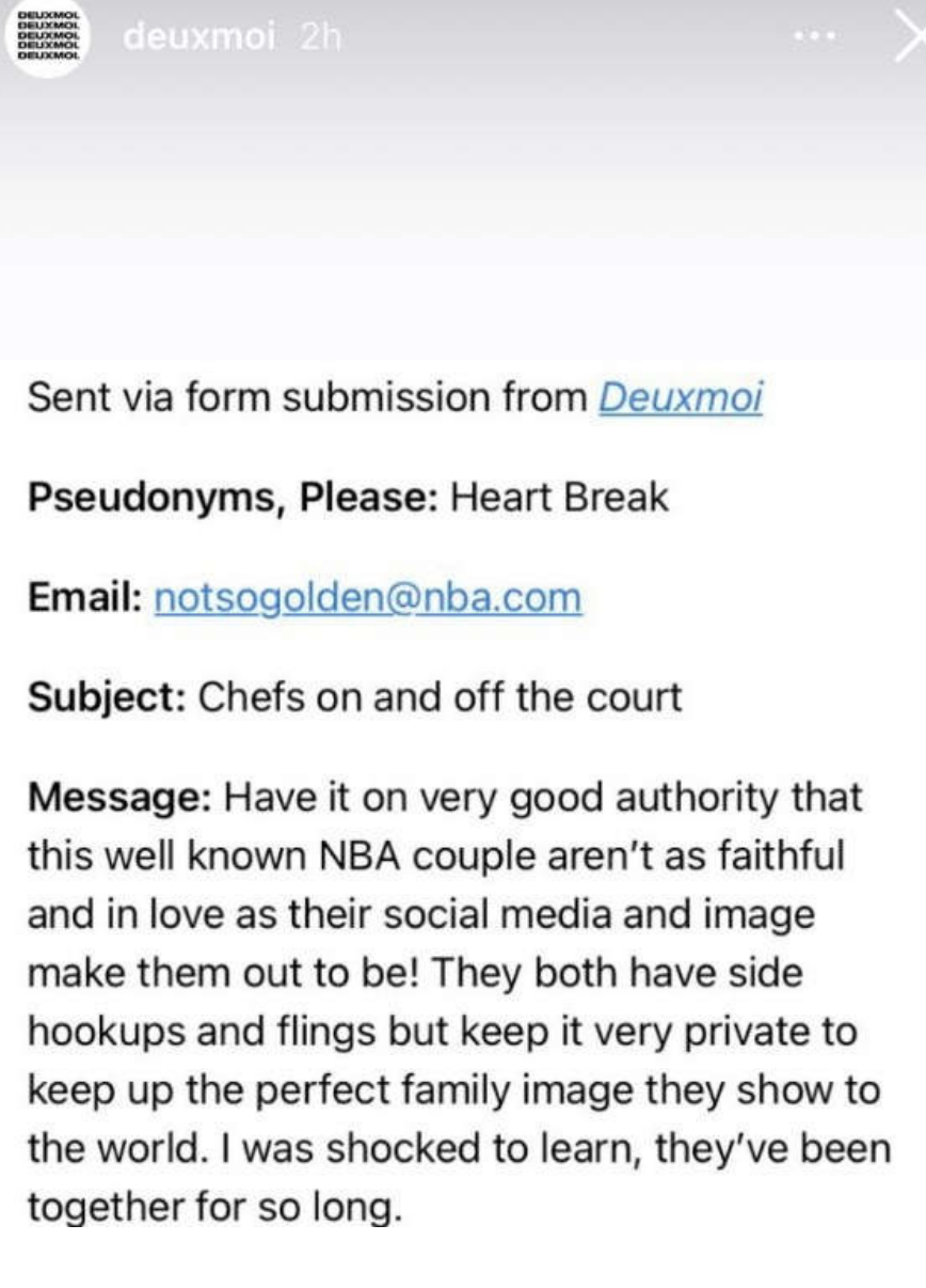 Screenshot of a Deuxmoi post discussing an alleged NBA couple's infidelity and their effort to maintain a perfect family image in public