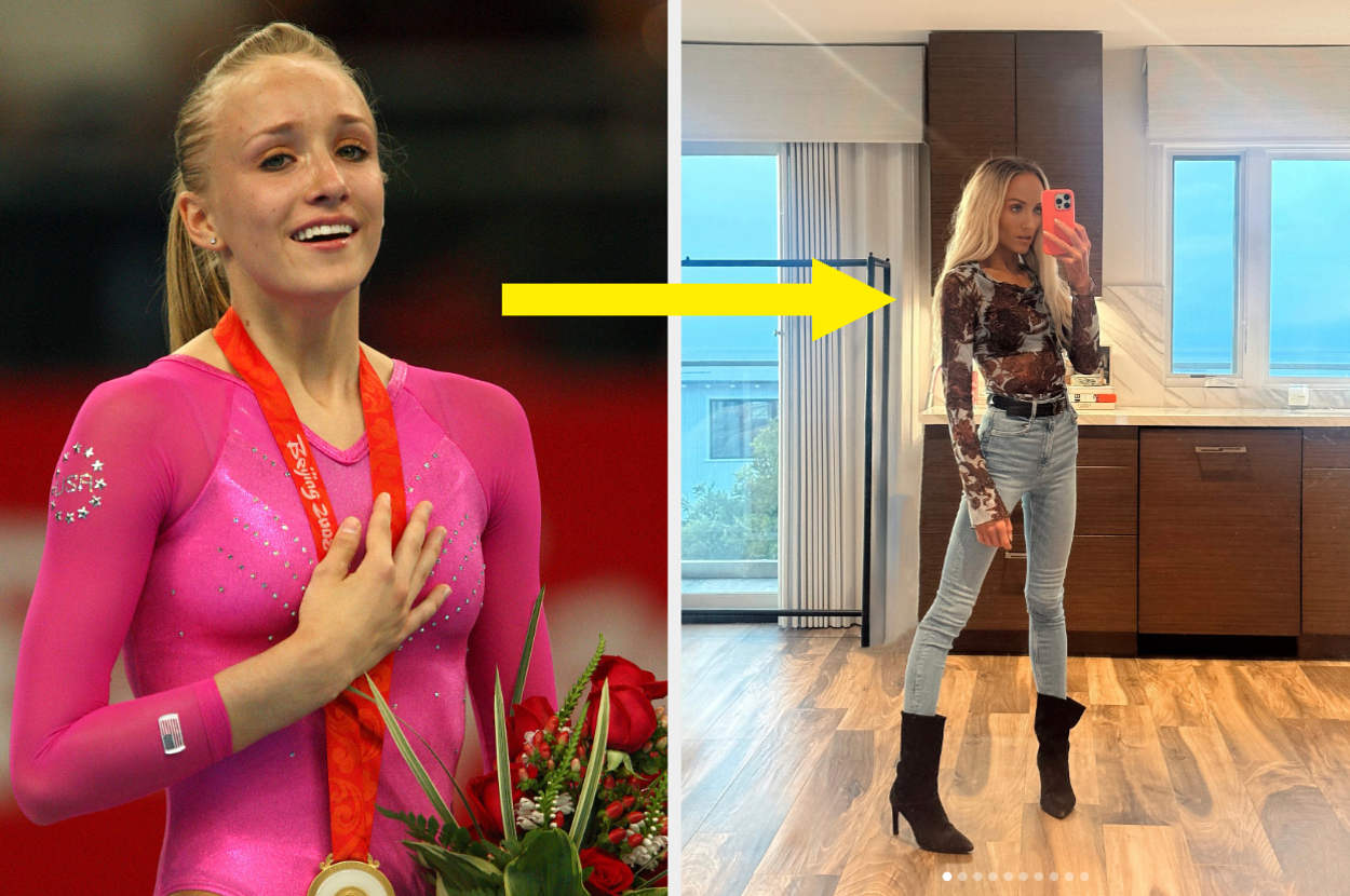 Nastia Liukin, on the left, in a gymnastics leotard with a medal. On the right, Nastia is dressed in a stylish outfit taking a mirror selfie in a modern home