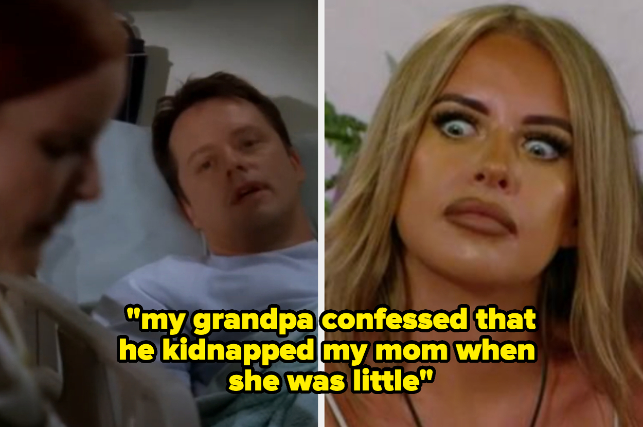 Split image: Left, person with red hair talking to man in hospital bed. Right, woman with wide eyes and long blonde hair, text reads "my grandpa confessed that he kidnapped my mom when she was little."