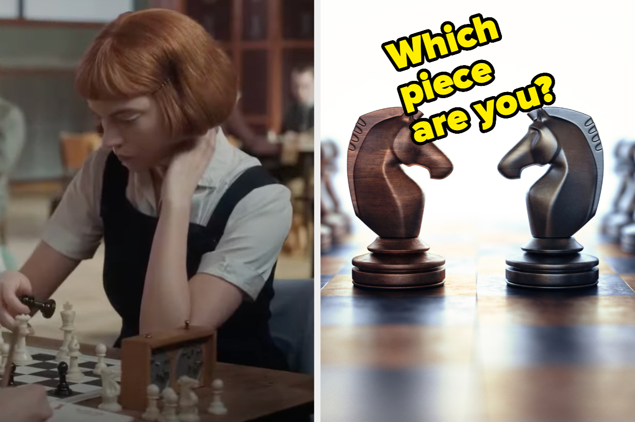 Beth Harmon playing chess in a scene from "The Queen's Gambit." Next to it, an image of two knight chess pieces with the text "Which piece are you?"