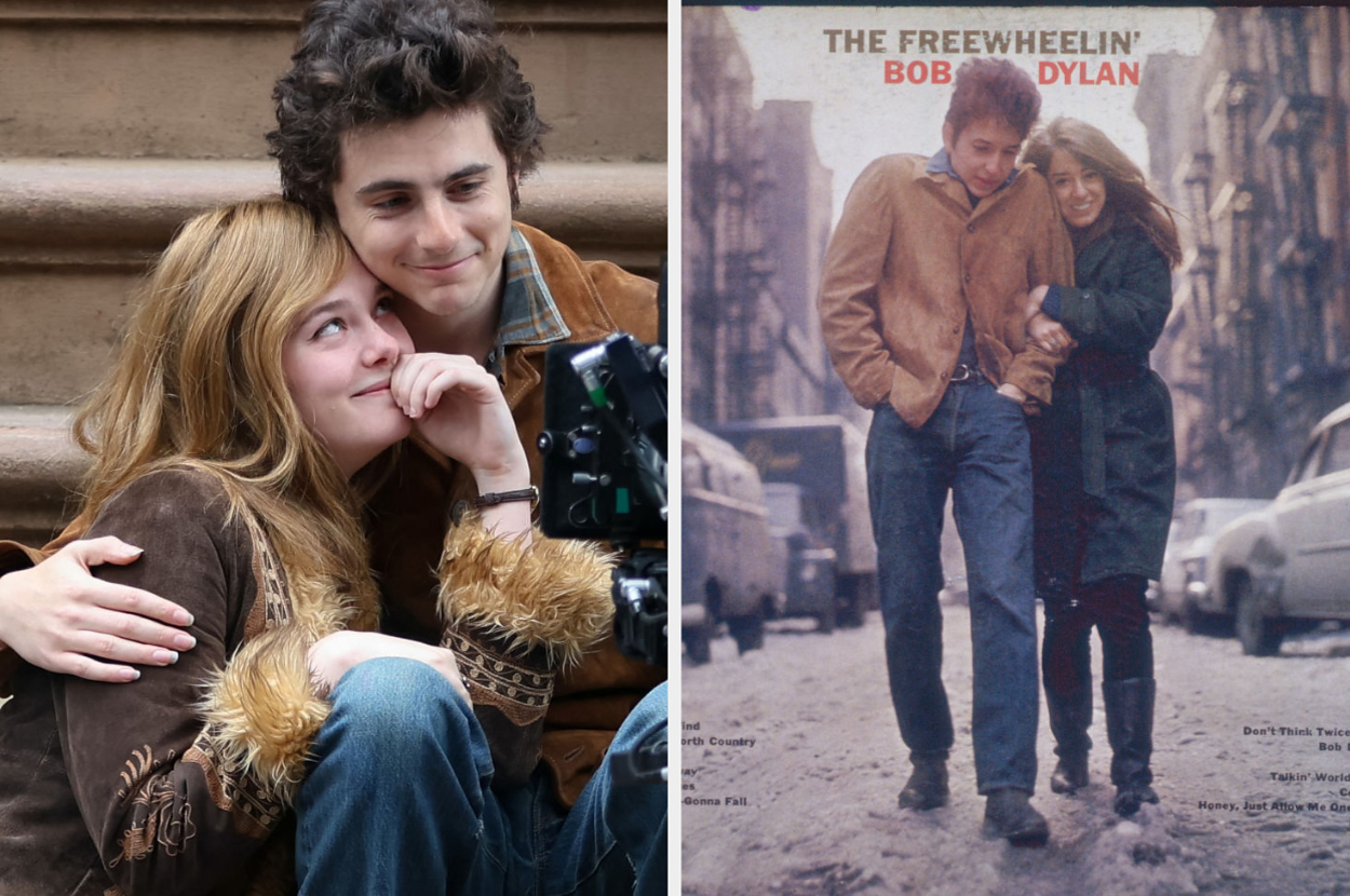 Phoebe Bridgers and Paul Mescal replicate a famous photo of Bob Dylan with Suze Rotolo from the album cover "The Freewheelin' Bob Dylan," looking affectionate