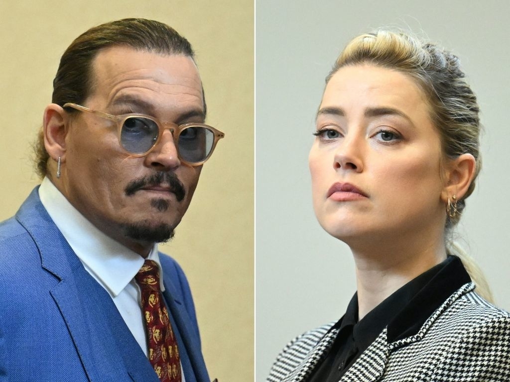 Johnny Depp in a blue suit and sunglasses and Amber Heard in a black and white checkered blazer are pictured separately