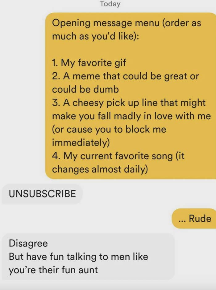 Text message conversation: One person suggests message options including a favorite gif, meme, pick-up line or song. The other replies with "UNSUBSCRIBE" and "Disagree."