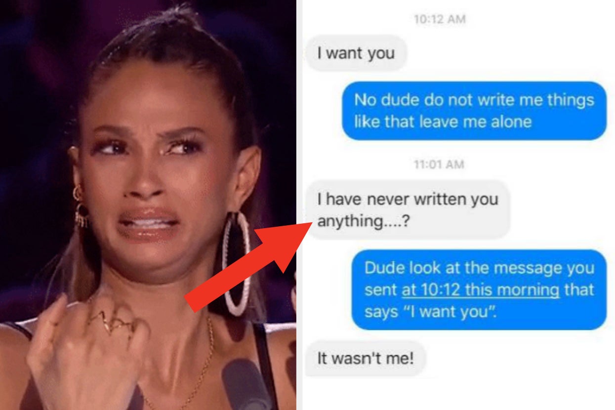 Alesha Dixon reacting with a disturbed expression next to a screenshot of a text exchange where one person denies sending a message saying "I want you"