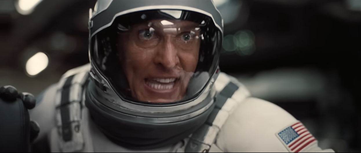 Matthew McConaughey in a spacesuit, looking intense, from a scene in the movie &quot;Interstellar&quot;