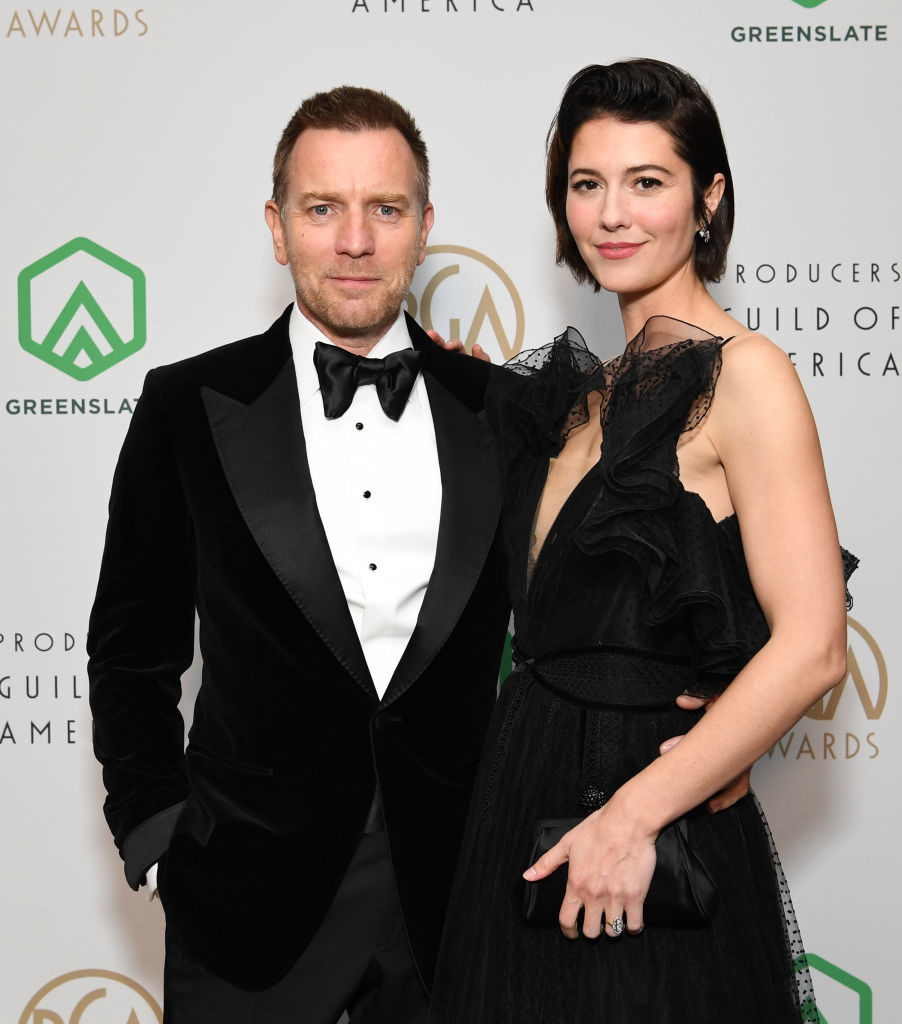 Ewan McGregor in a black tuxedo and Mary Elizabeth Winstead in a black dress at the Producers Guild of America Awards