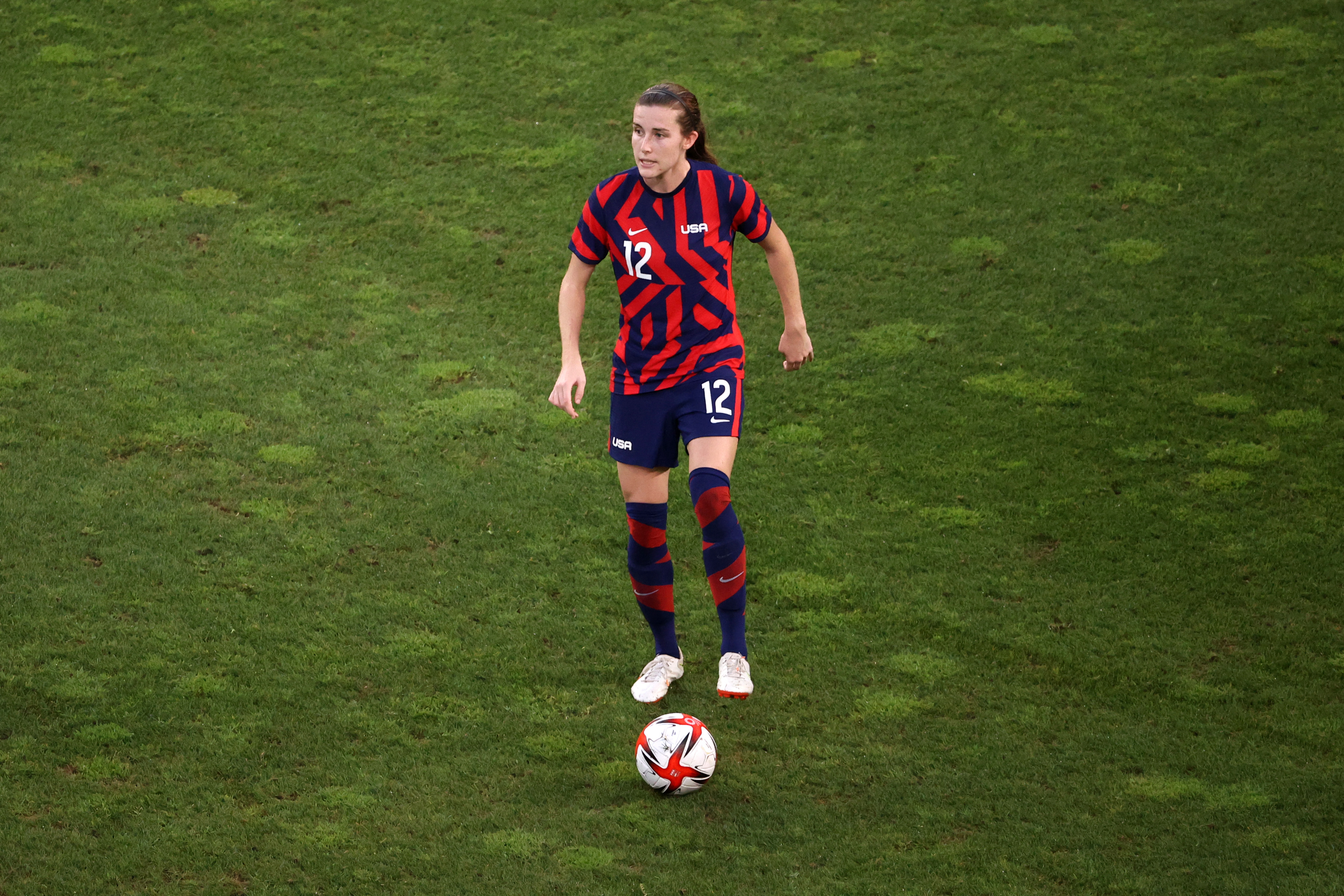 Tierna Davidson of the US Women's National Soccer Team is on the field, wearing her game uniform with the number 17