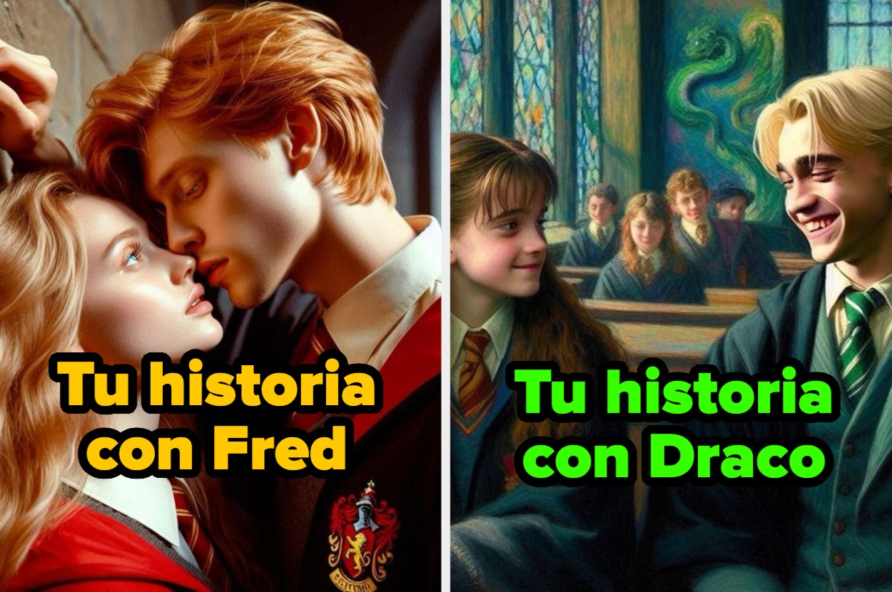 Montaje de escenas de Harry Potter: a la izquierda, un momento romántico con Fred Weasley; a la derecha, una conversación con Draco Malfoy en el aula