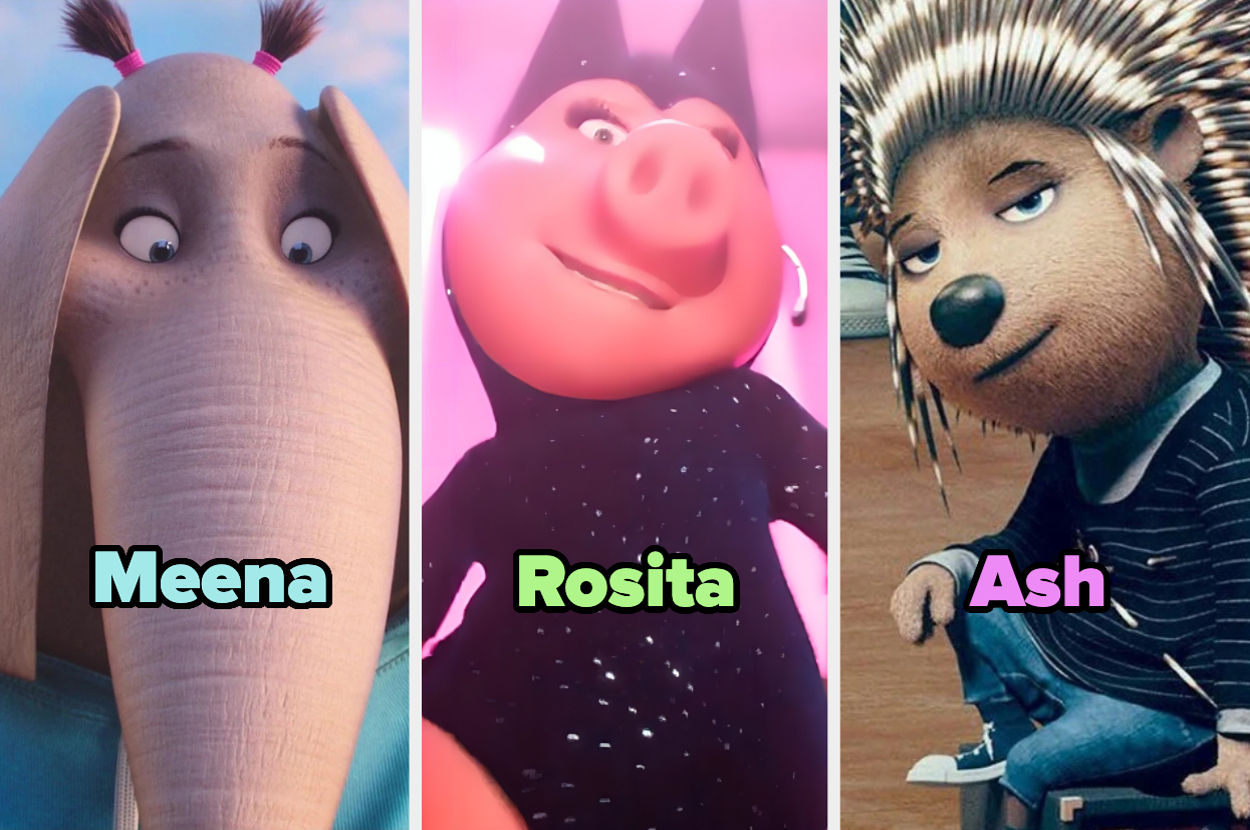 Meena, Rosita y Ash, personajes animados de la película "Sing", posan en el montaje de tres imágenes