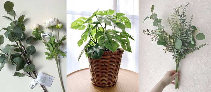 IKEA（イケア）のオススメのインテリア雑貨「SMYCKA スミッカ フェイクリーフ, ユーカリ/グリーン」、「SMYCKA スミッカ 造花, ラナンキュラス/ホワイト」