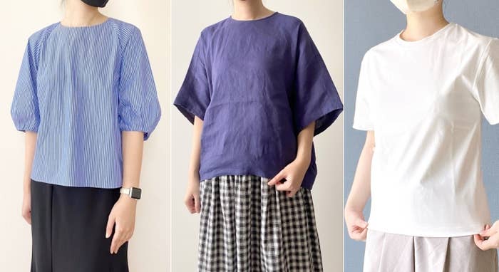 無印のおすすめアイテム「婦人 乾きやすいブロード 五分袖ブラウス」「婦人 ヘンプ レーヨン 半袖ブラウス」「婦人 UVカット吸汗速乾半袖Tシャツ」