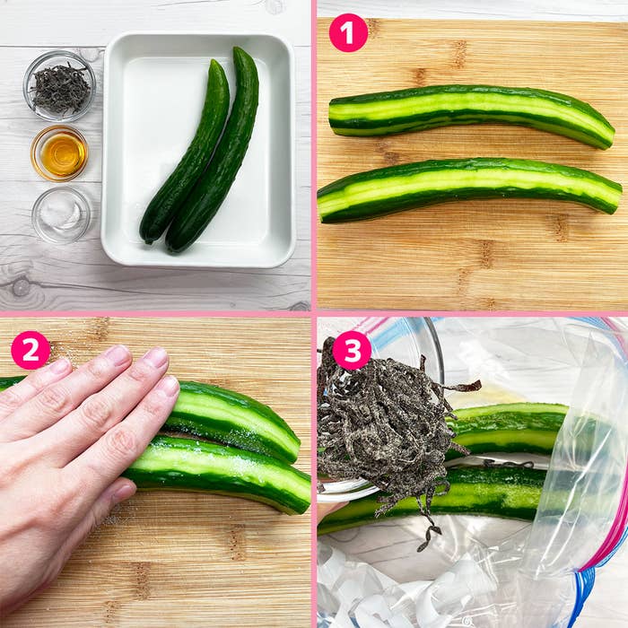 キュウリの浅漬けの作り方を示す4つの画像。