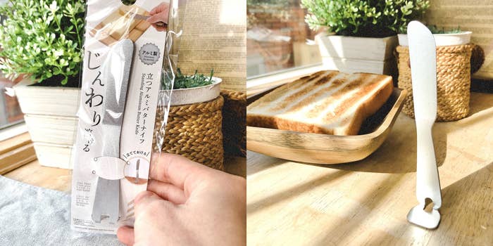 商品パッケージとトーストの画像。パッケージには新フードカッターの商品説明が書かれています。