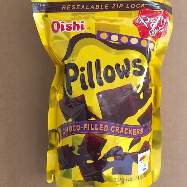 Oishi Pillows choco-filled crackers in a resealable zip-lock bag