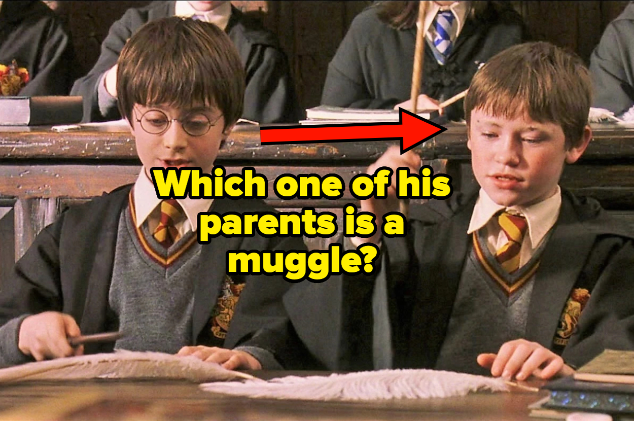 Harry Potter and Ron Weasley in a classroom, with text asking, "Which one of his parents is a muggle?"