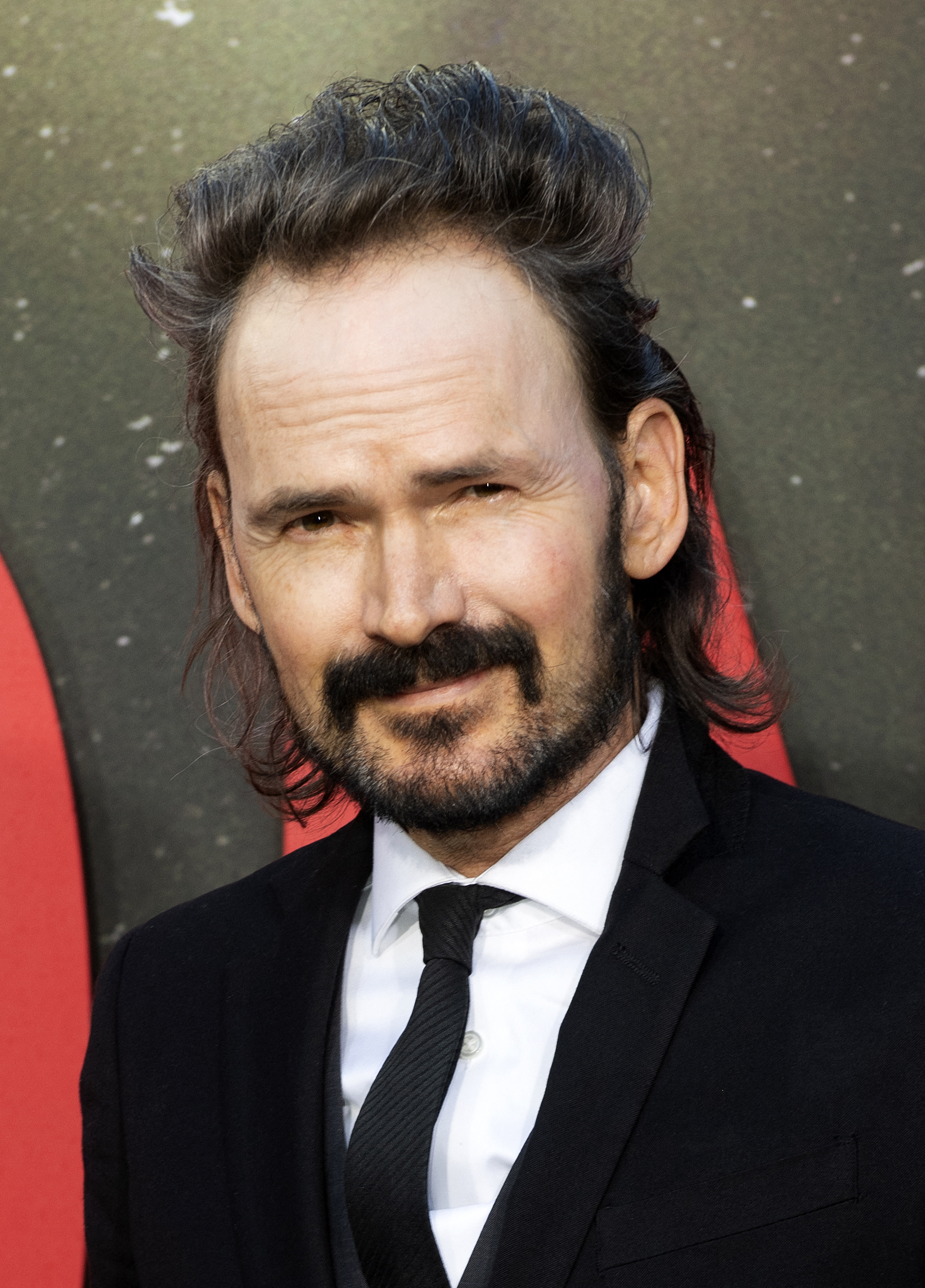 Man with mustache and beard in a suit and tie at a red carpet event