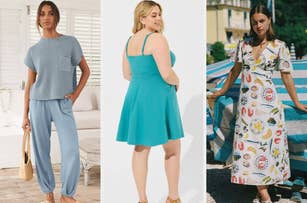 Three models showcase summer outfits: a short-sleeve top with loose pants, a sleeveless A-line dress, and a short-sleeve wrap dress with patterns