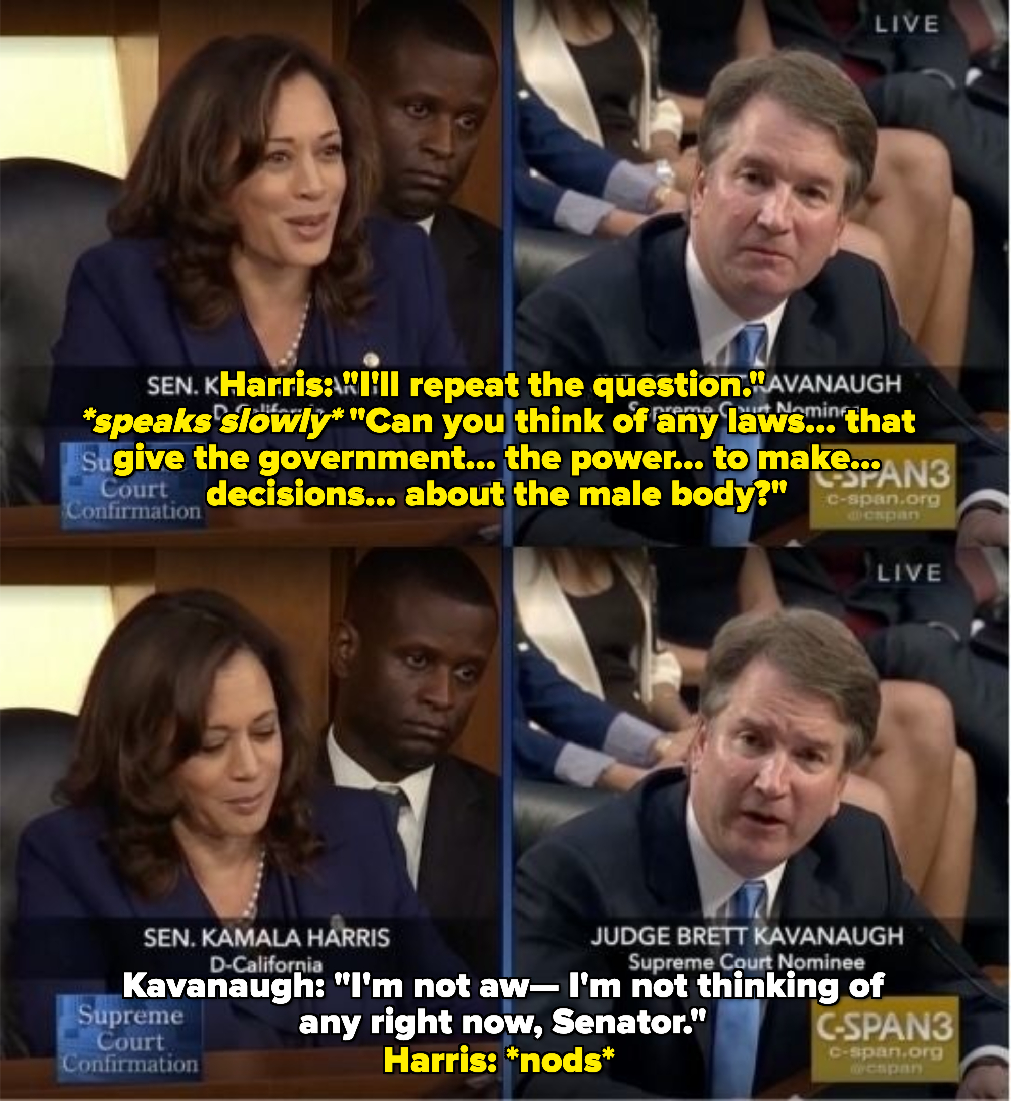 Image shows four-panel scenes from a Supreme Court confirmation hearing. Sen. Kamala Harris and Judge Brett Kavanaugh are speaking