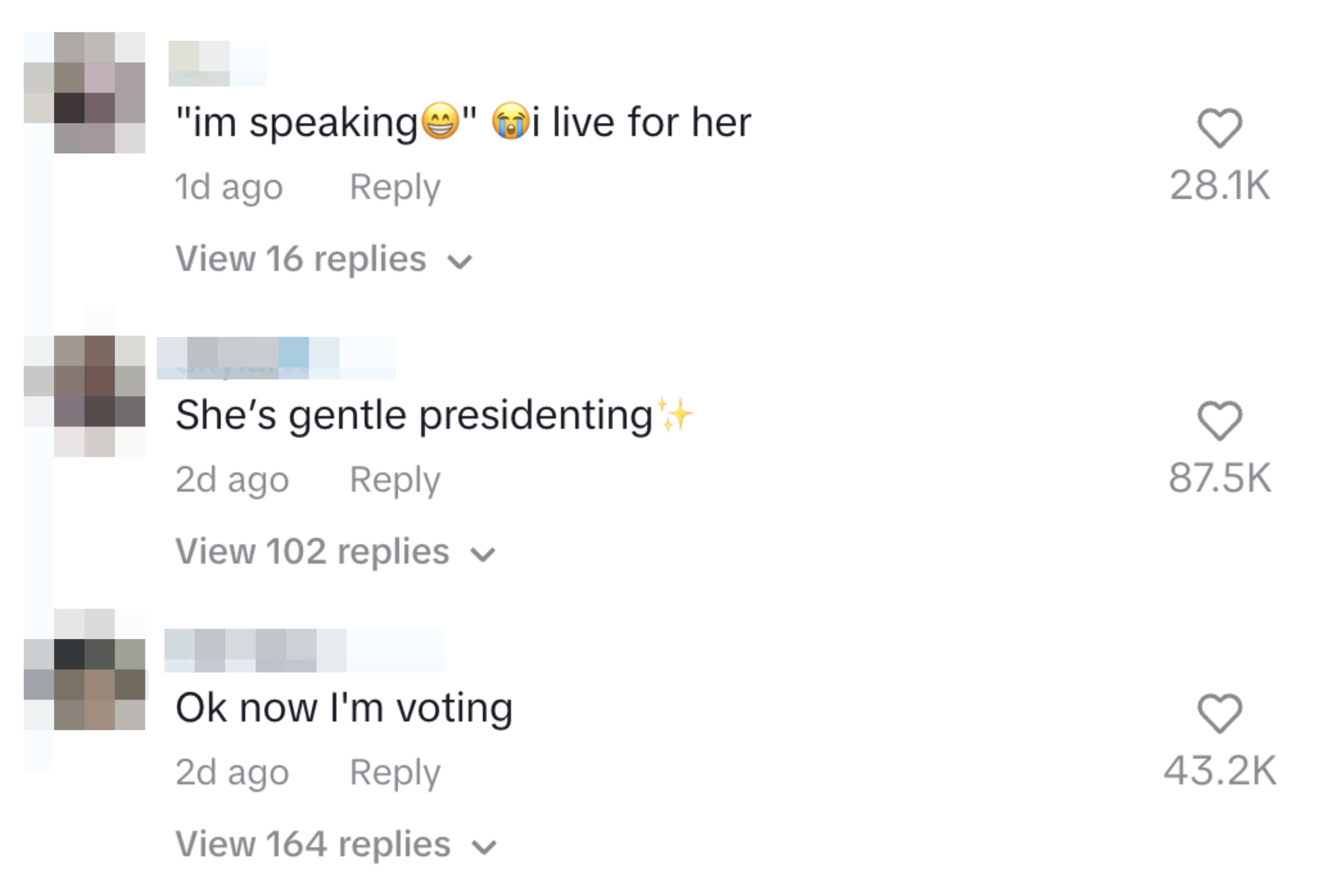 Screenshot of TikTok comments: "im speaking ?? live for her" with 28.1K likes; "She’s gentle presidenting with 87.5K likes; "Ok now I'm voting" with 43.2K likes